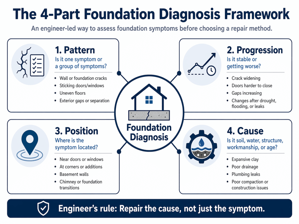 Four part foundation repair diagnosis framework showing pattern progression position and cause