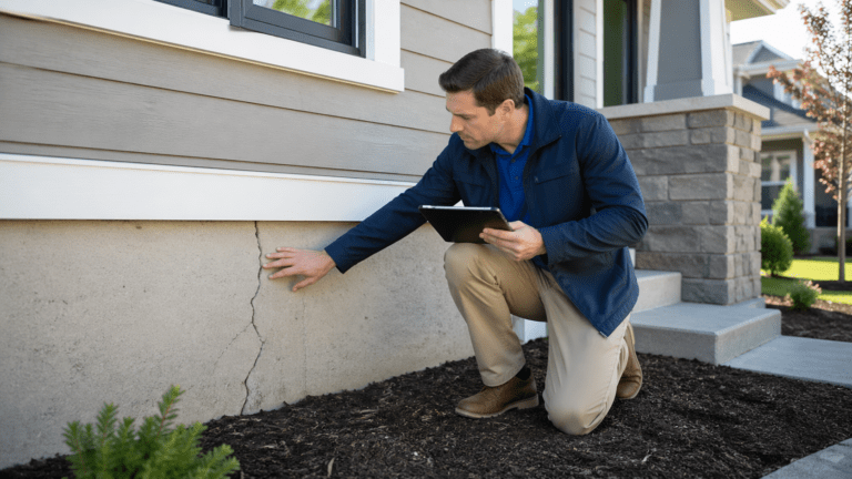 Structural engineer inspecting a house foundation crack for signs of settlement and repair needs