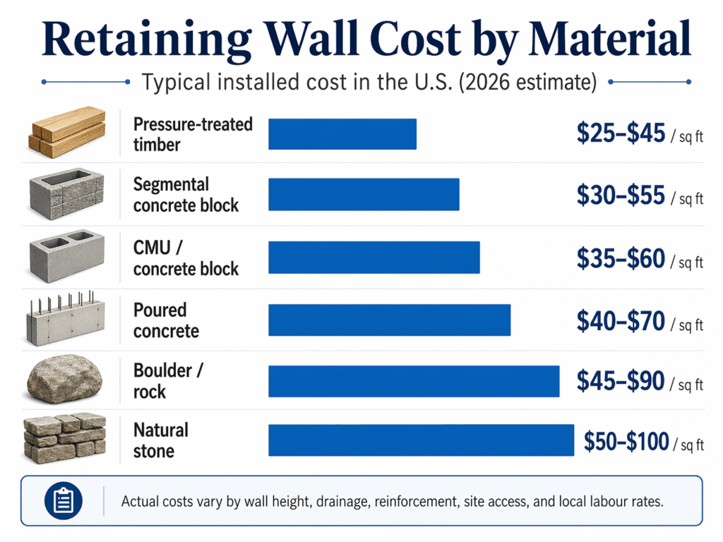 Retaining wall cost by material comparison for timber, concrete block, natural stone and boulder walls