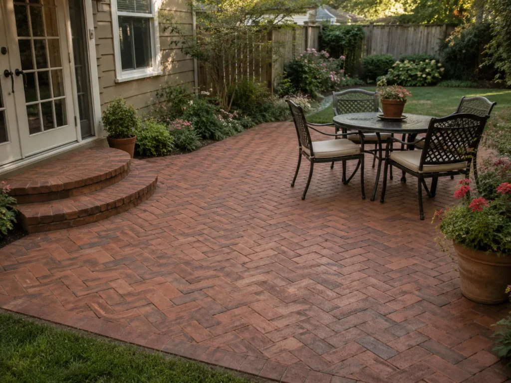 Brick-style pavers in a herringbone pattern over concrete