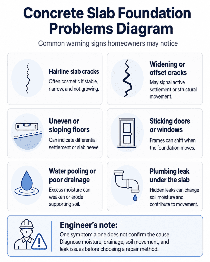 Diagram showing common concrete slab foundation problems including floor cracks, uneven floors, wall cracks, water near the foundation and plumbing leak symptoms