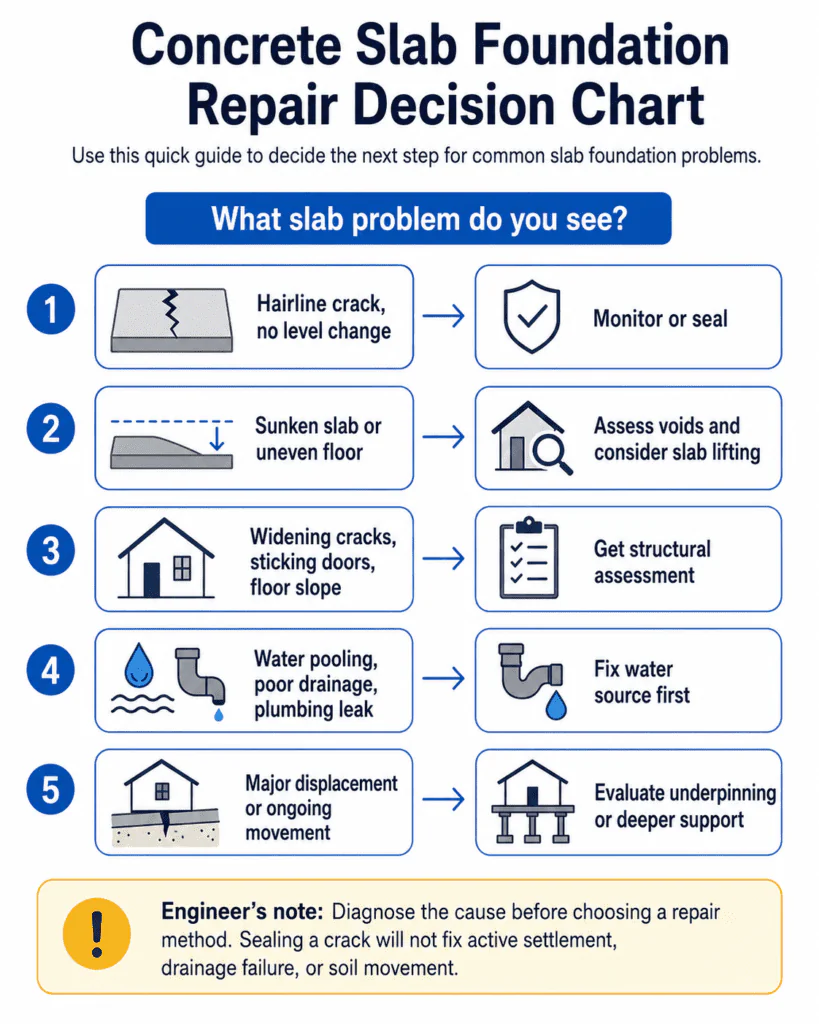 Concrete slab foundation repair decision chart for cracks, sunken slabs, drainage problems, and structural movement