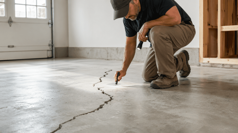 Concrete slab foundation repair inspection of a floor crack