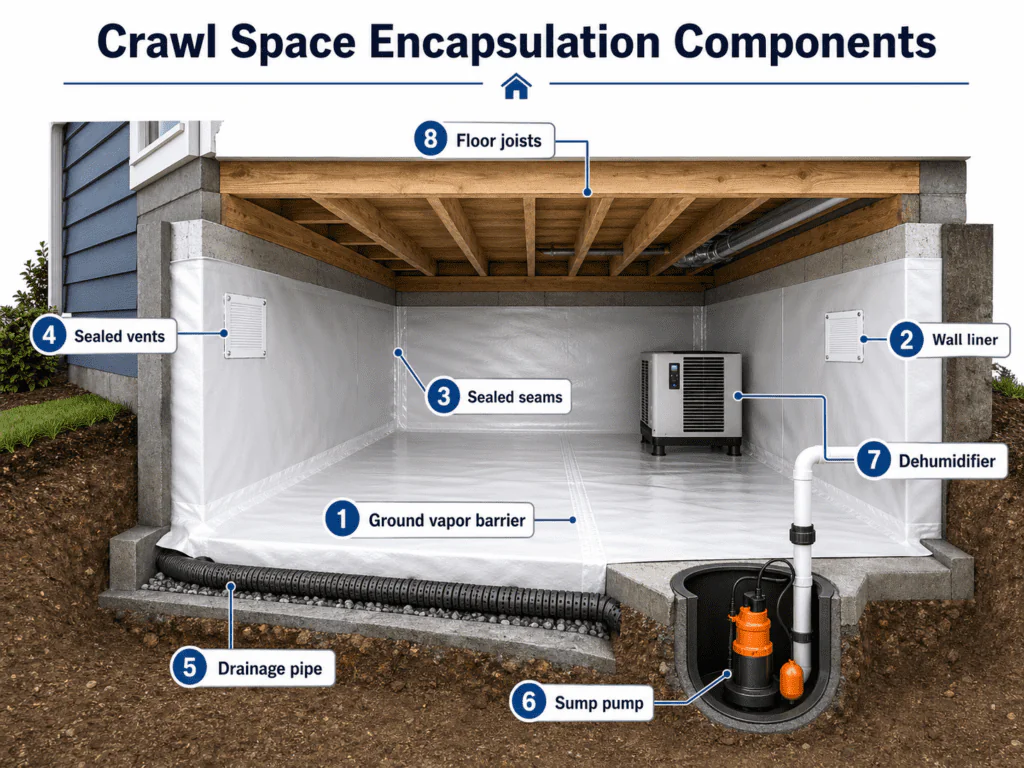 Typical crawl space encapsulation components, including vapor barrier, wall liner, sealed vents, drainage pipe, sump pump and dehumidifier.