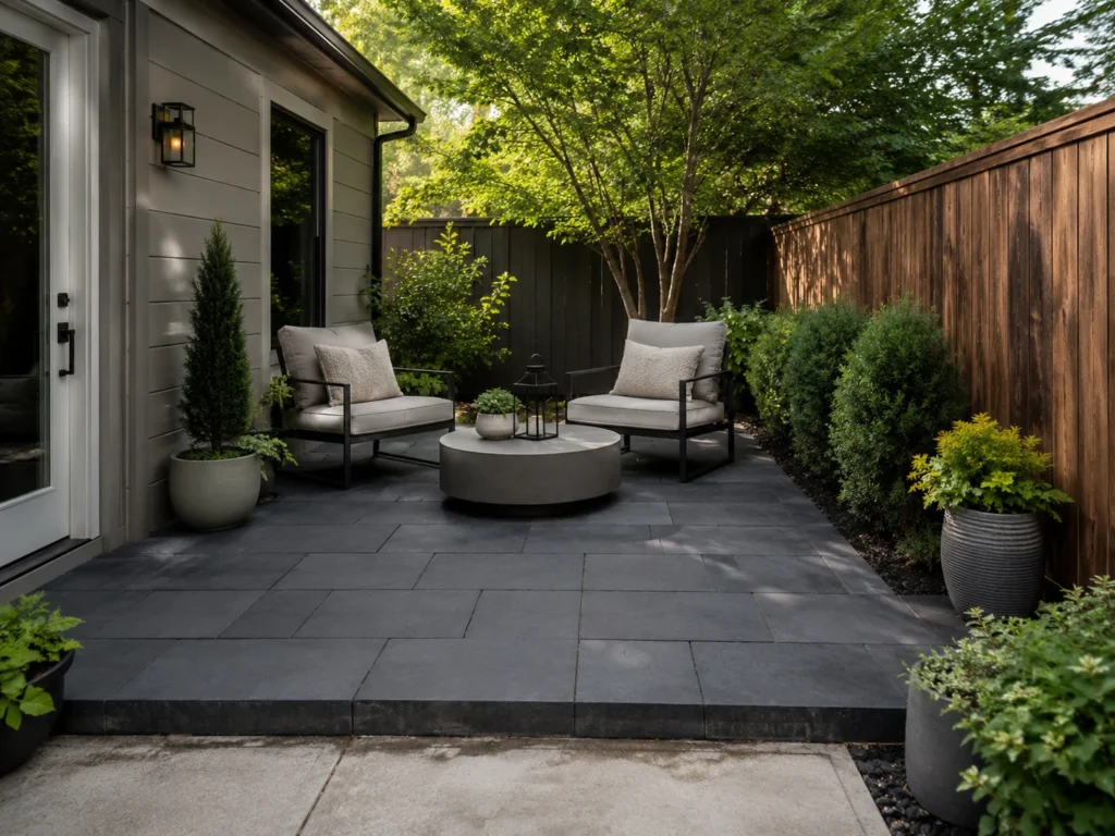 Small patio with dark slate pavers over concrete
