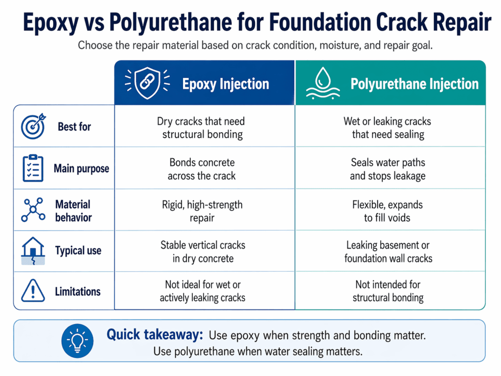 Epoxy vs polyurethane injection for foundation crack repair