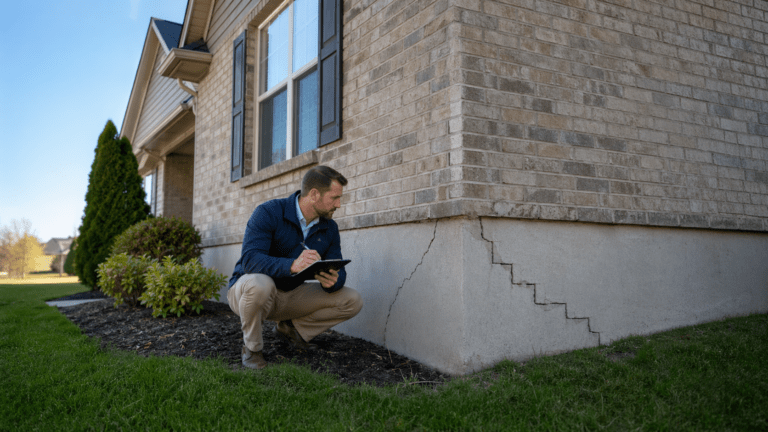 Inspector examining foundation settlement cracks outside a residential home
