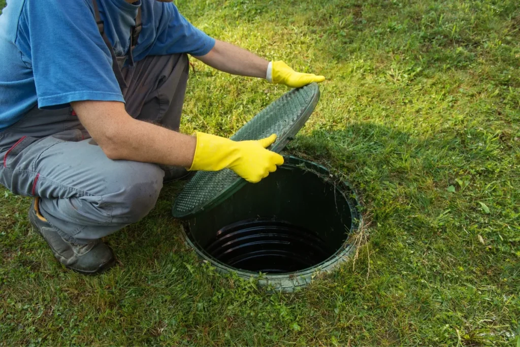 Ground-level septic tank riser access being opened for inspection or maintenance