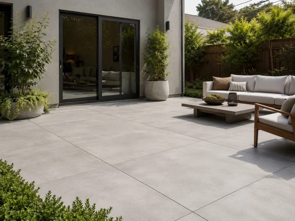 Modern patio with large-format light gray pavers over concrete