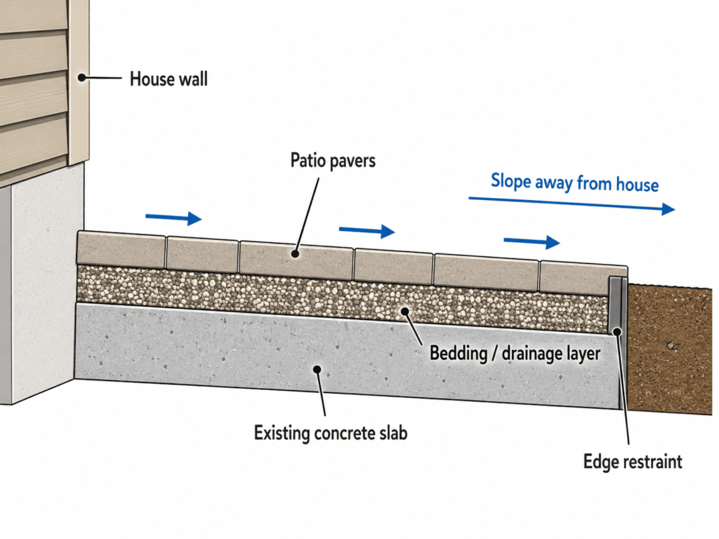 Patio pavers on concrete cross section showing bedding layer and drainage slope