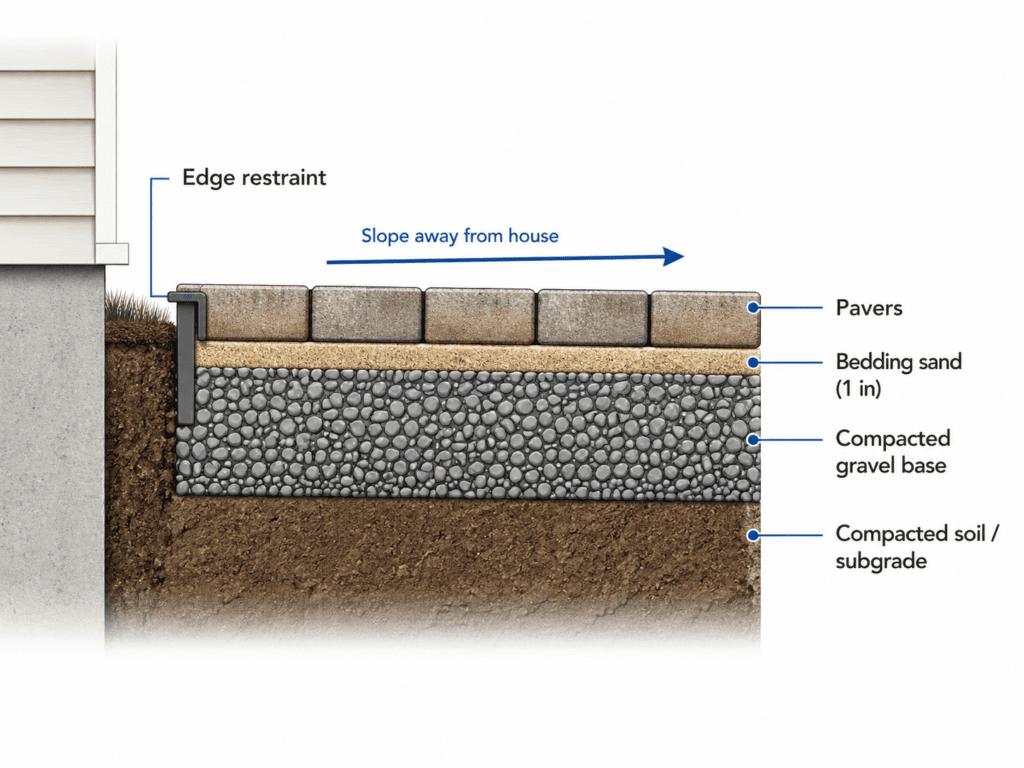 Paver base calculator cross section showing pavers bedding sand gravel base and compacted soil