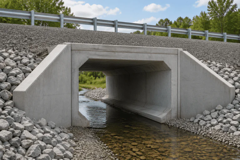 Precast concrete culvert installed under a road crossing with wing walls and riprap erosion protection