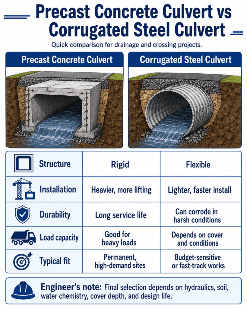 Precast concrete culvert vs corrugated steel culvert comparison for drainage projects
