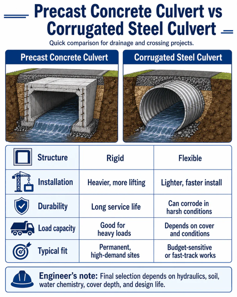 Precast concrete culvert vs corrugated steel culvert comparison for drainage projects