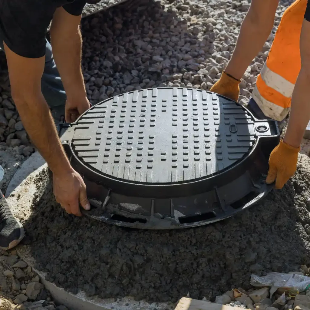 Workers fitting a septic tank riser cover during installation