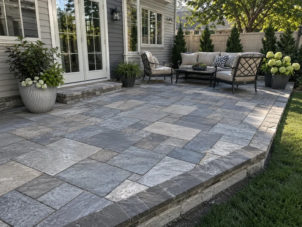 Mixed-size stone-look pavers over an existing concrete patio