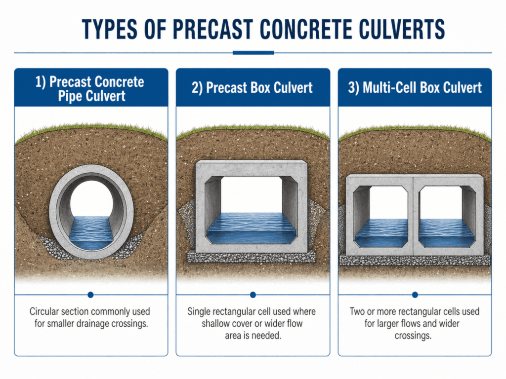 Types of precast concrete culverts including pipe culvert, precast box culvert and multi-cell box culvert