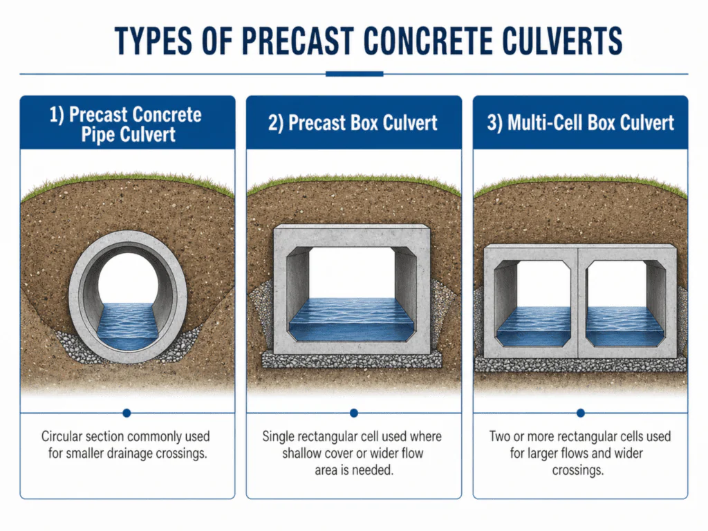 Types of precast concrete culverts including pipe culvert, precast box culvert and multi-cell box culvert