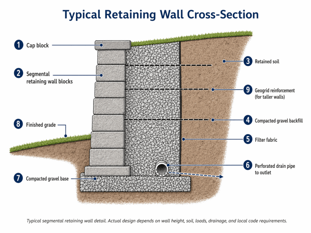 Typical retaining wall cross section affecting the cost of retaining wall.