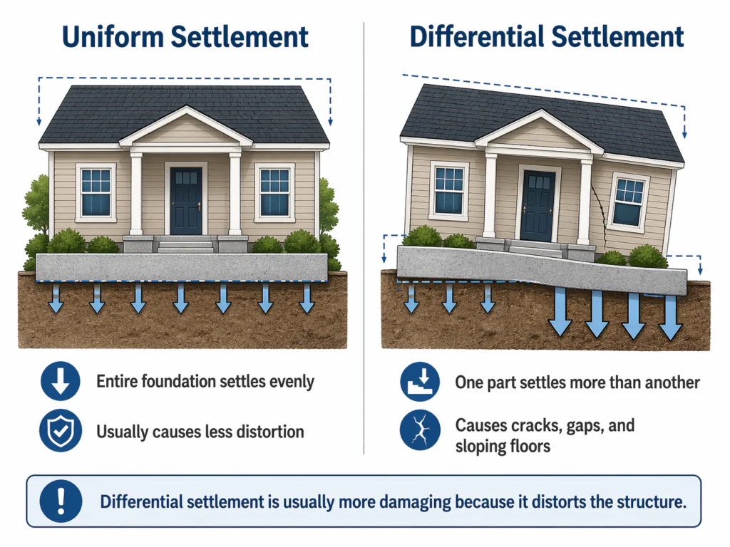 Illustration comparing uniform foundation settlement and differential foundation settlement