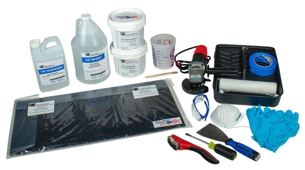 Carbon fiber foundation repair kit with epoxy resin, carbon fiber fabric, and installation tools