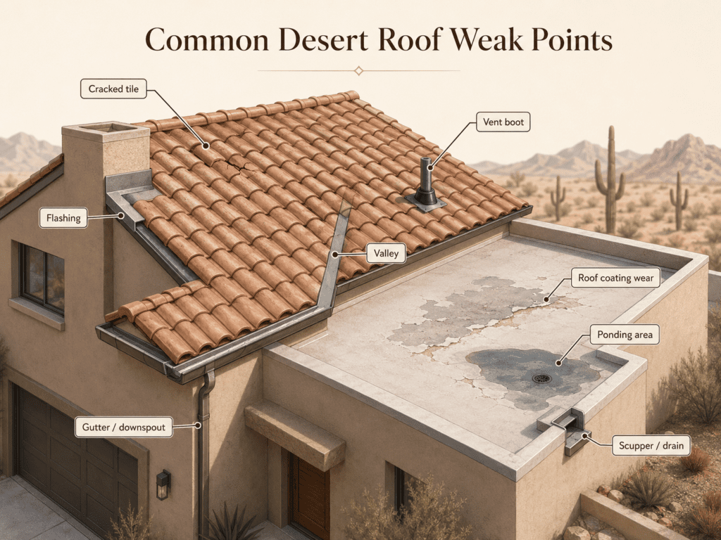 Diagram showing common weak points on a desert climate roof, including cracked tiles, flashing, vent boots, valleys, drains and ponding areas.
