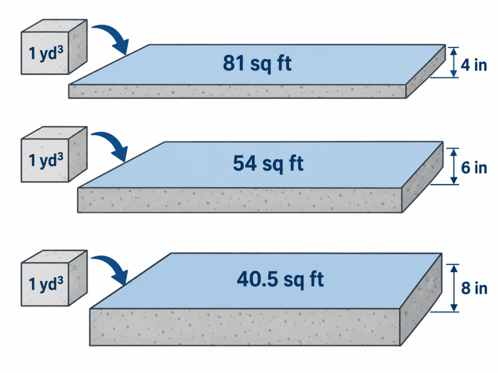 Concrete calculator diagram showing one cubic yard covering 81 sq ft at 4 inches thick, 54 sq ft at 6 inches, and 40.5 sq ft at 8 inches.