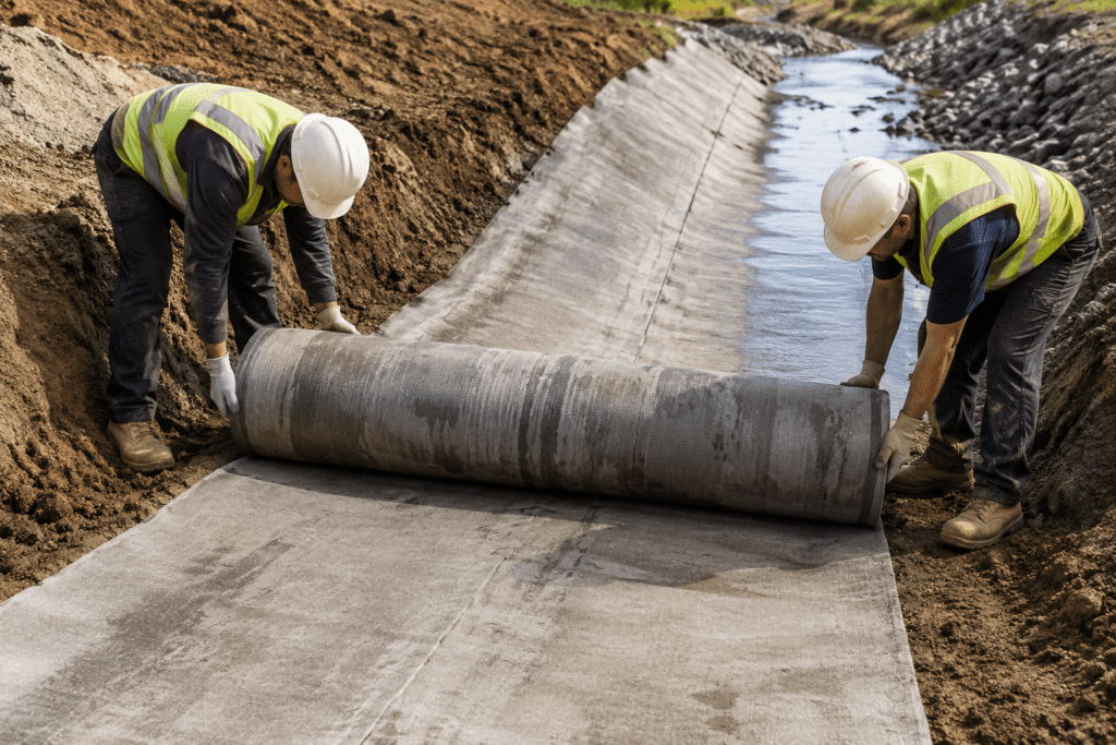 Workers installing a concrete cloth roll along a drainage channel for erosion control