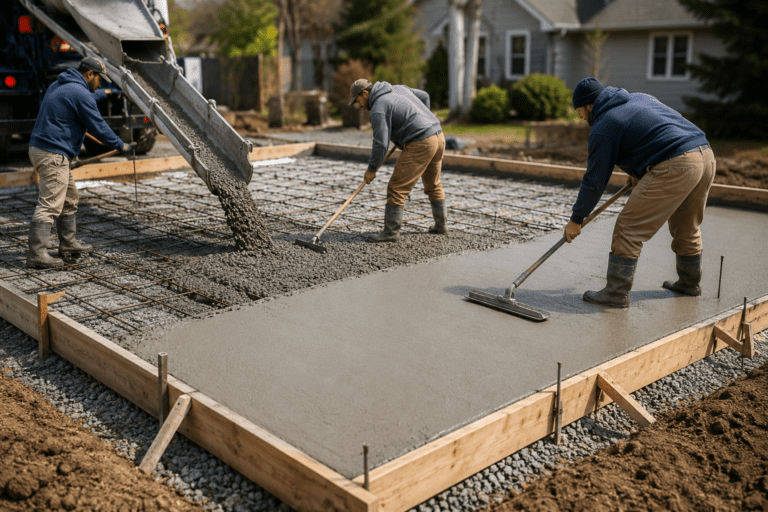 Workers pouring concrete for a residential slab in a concrete slab price calculator guide