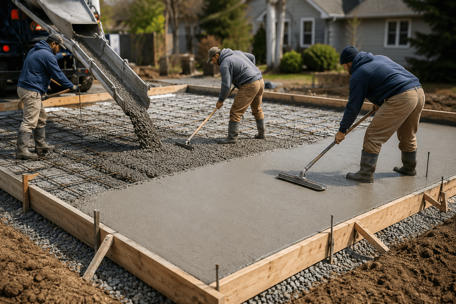 Workers pouring concrete for a residential slab in a concrete slab price calculator guide