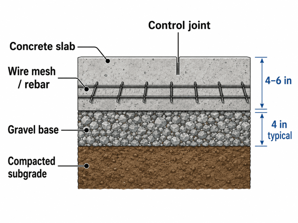 Concrete slab thickness diagram showing reinforcement, gravel base and compacted subgrade