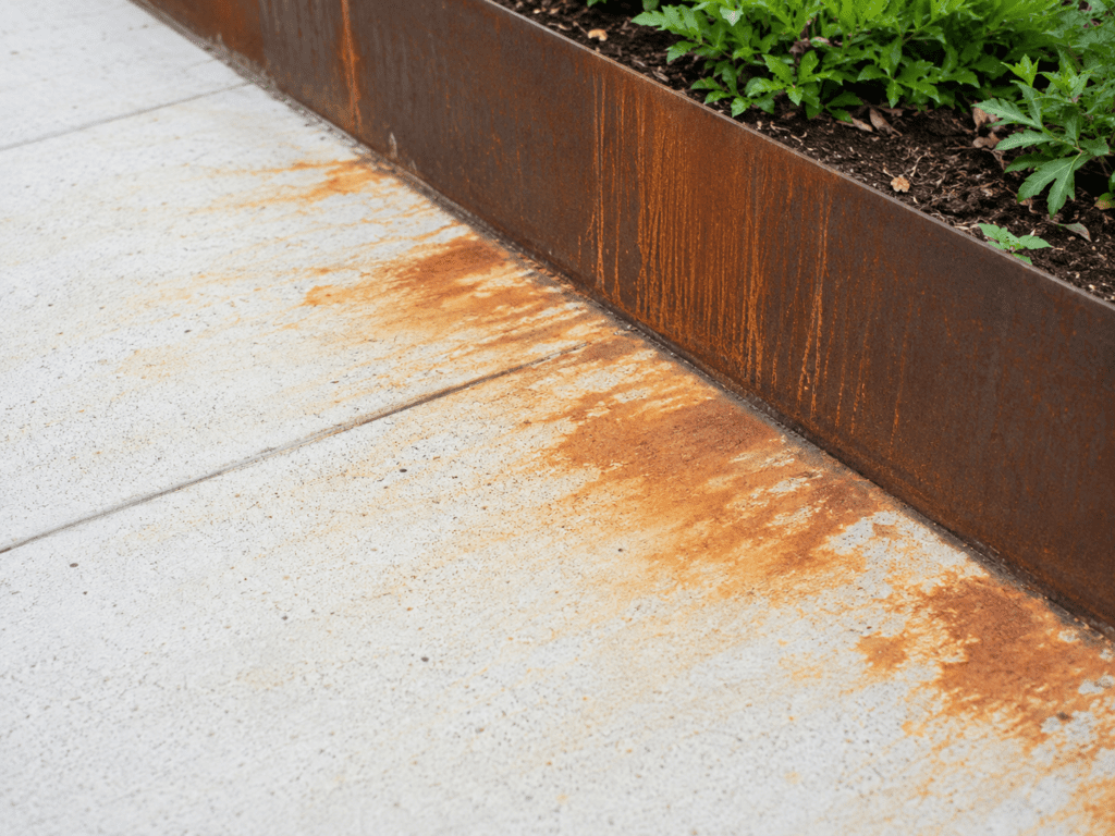 Rust stains on light pavers beside a corten steel retaining wall.