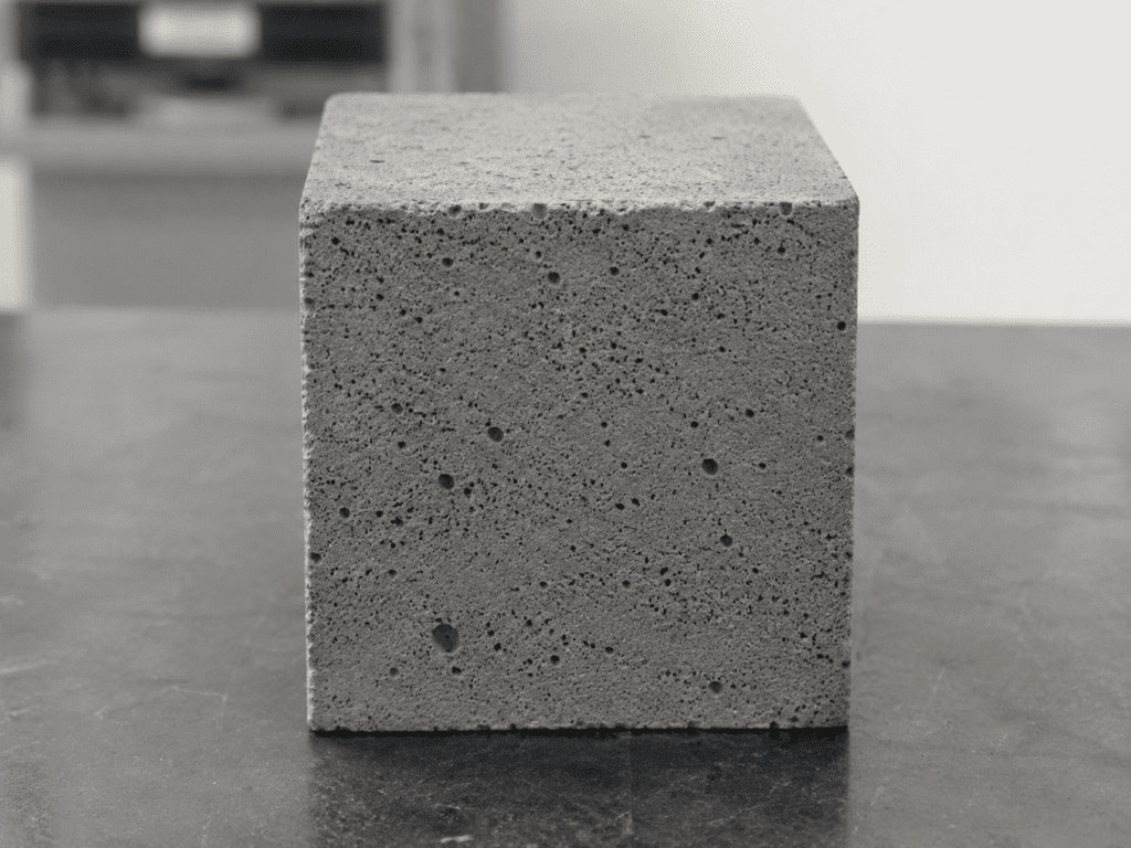foam concrete cube showing porous lightweight concrete texture.