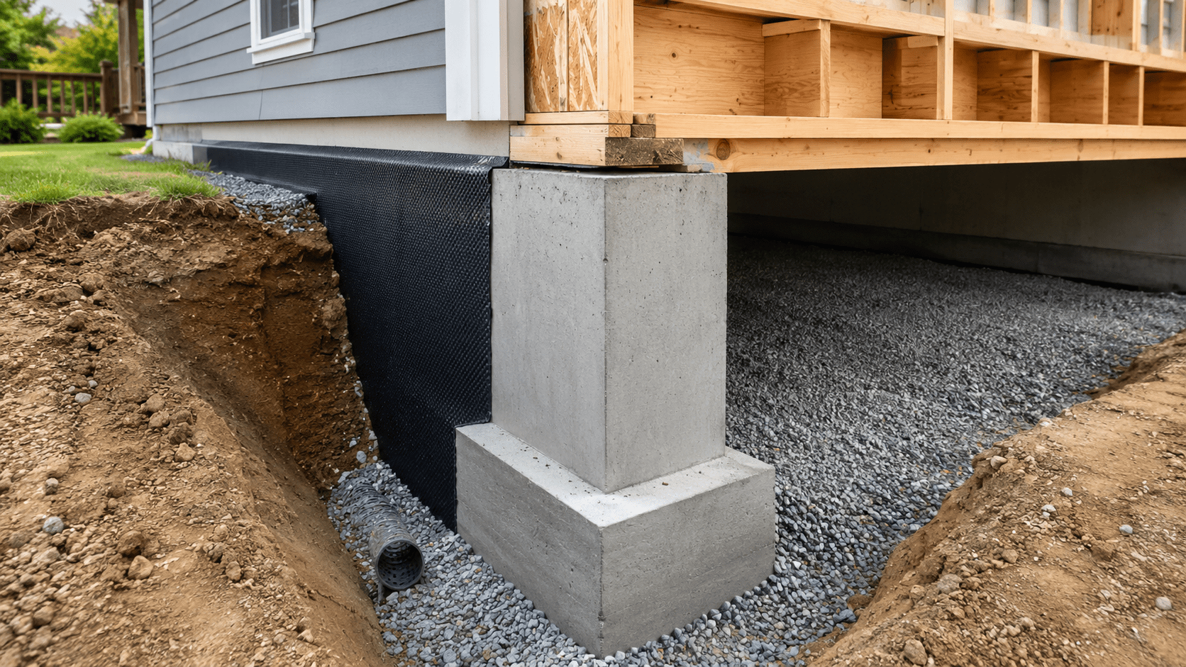 Residential footing and stem wall foundation with crawl space, gravel drainage, and perimeter drain pipe