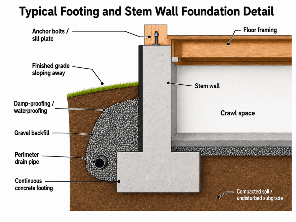 Footing and stem wall foundation cross-section with crawl space, gravel backfill, damp-proofing, and perimeter drain pipe