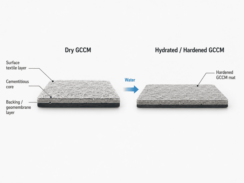 GCCM concrete cloth cross-section showing fiber layer, cementitious core and backing layer before and after hydration