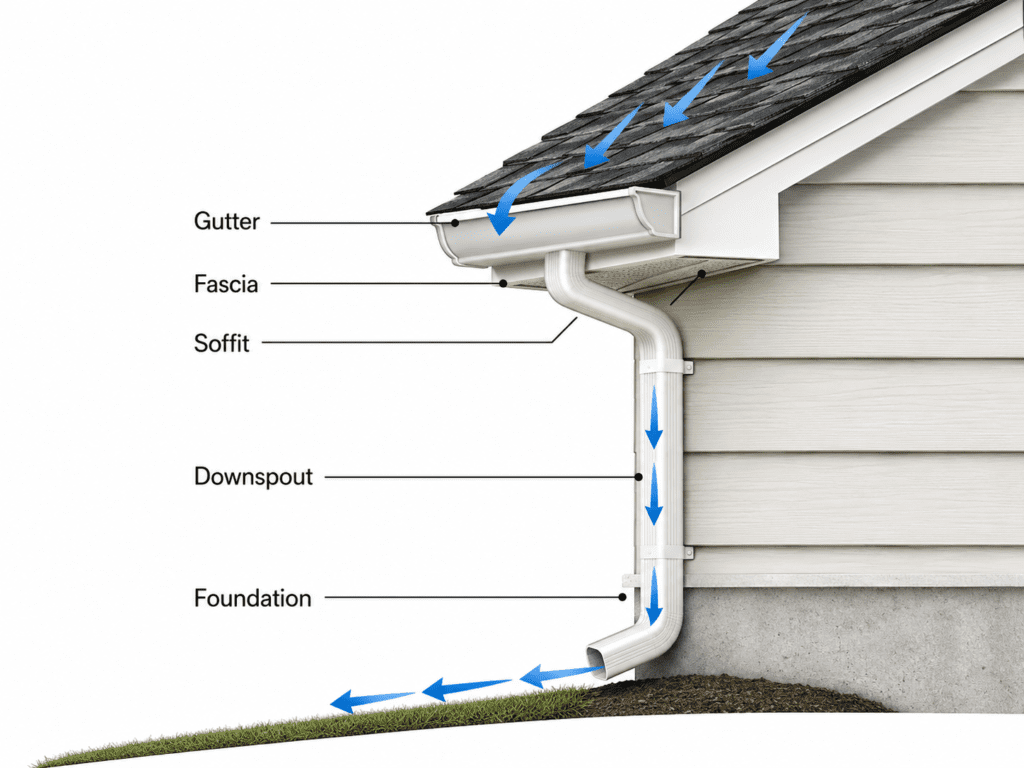 Diagram showing how a roof gutter, fascia, soffit and downspout carry rainwater away from a house foundation