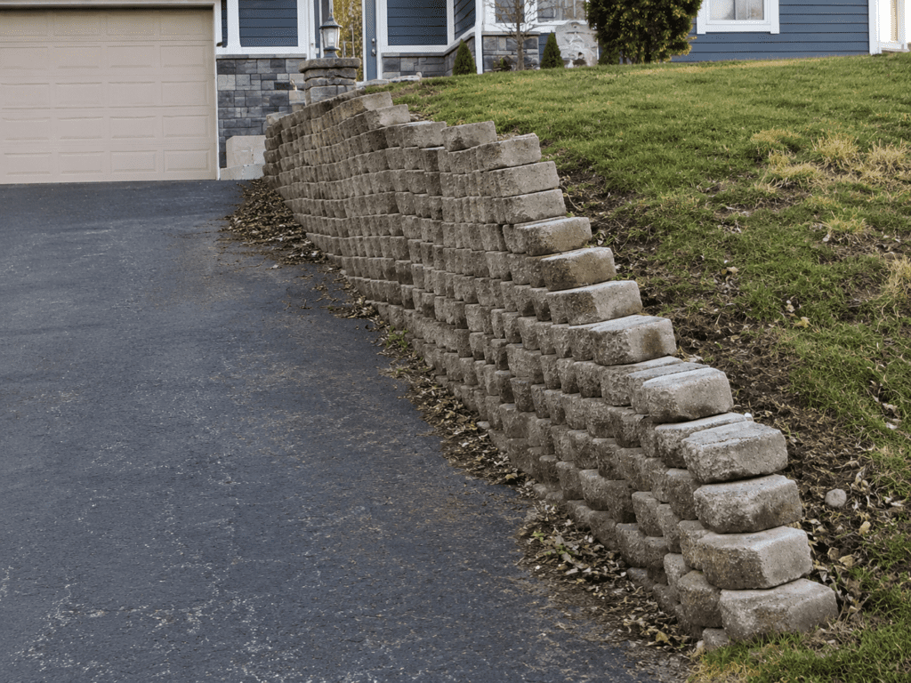 Leaning retaining wall beside a driveway showing signs of poor drainage, soil pressure, and possible wall movement.