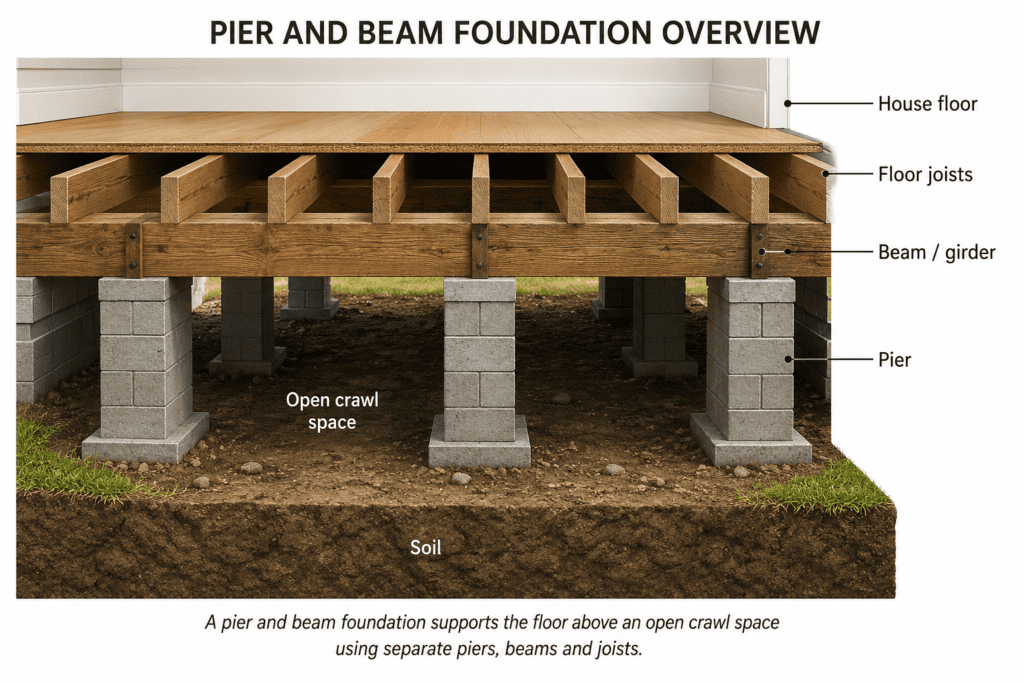 Pier and beam foundation overview showing open crawl space, separate piers, beams and floor joists