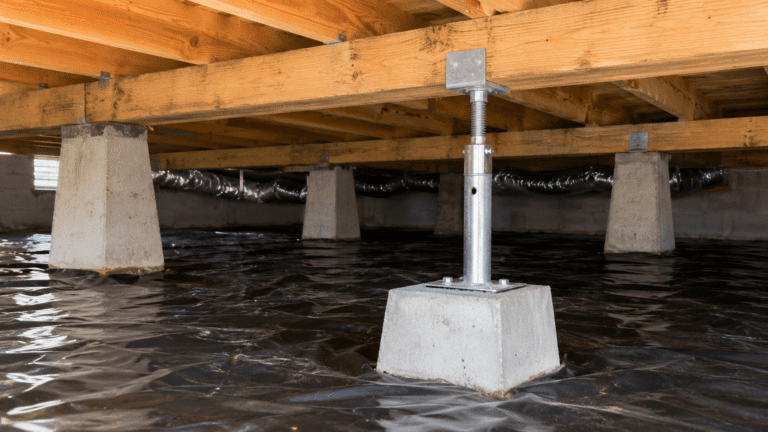 Pier and beam foundation repair in a crawl space with timber beams, concrete piers and an adjustable support post