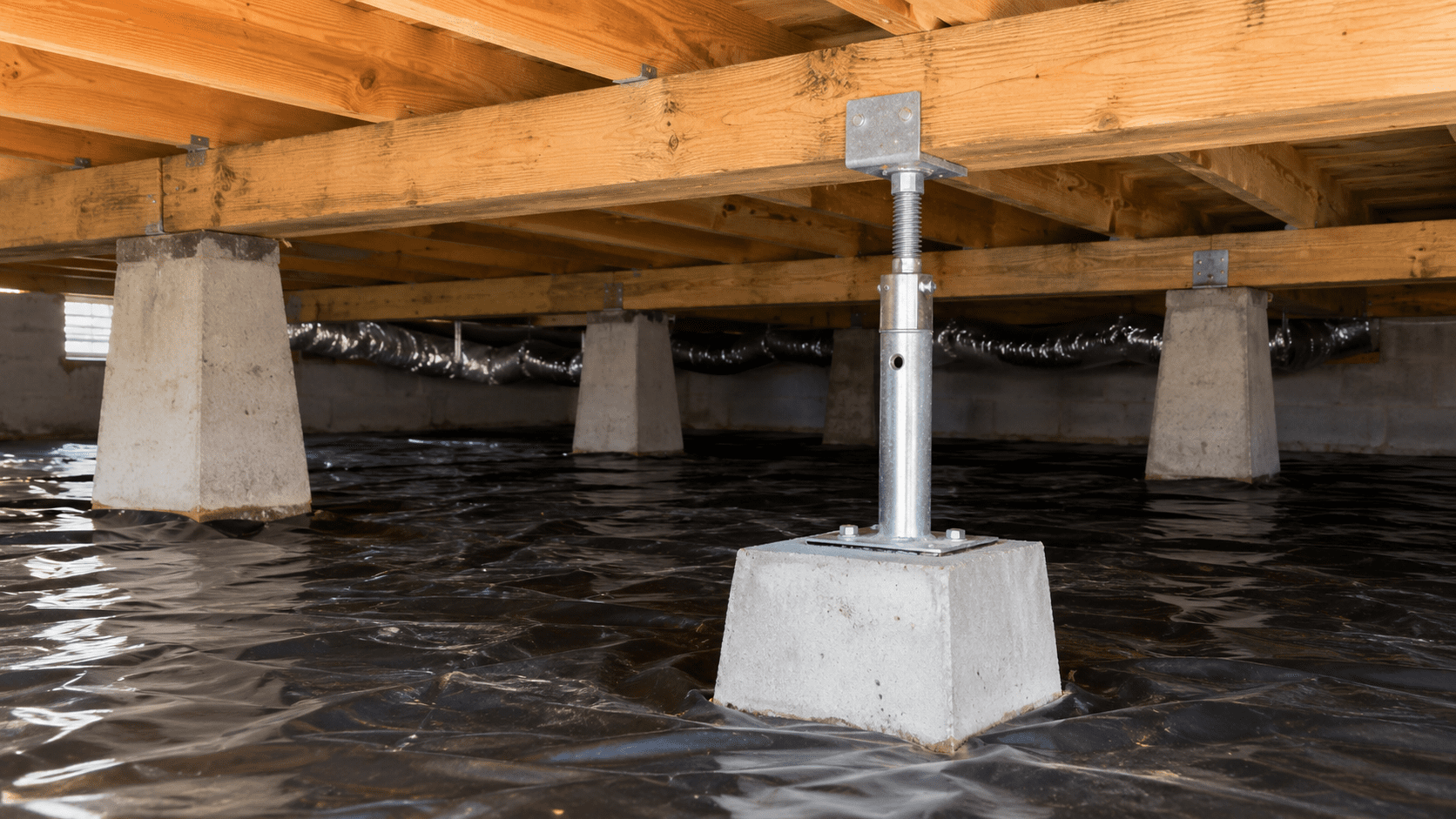Pier and beam foundation repair in a crawl space with timber beams, concrete piers and an adjustable support post