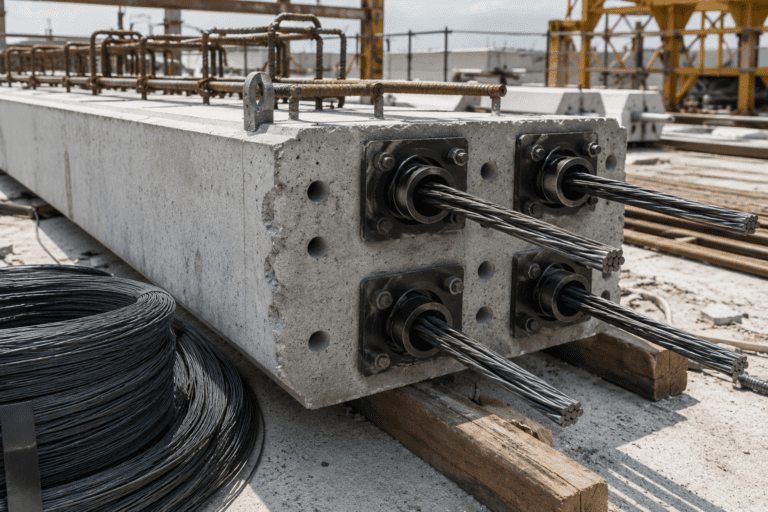 Prestressed concrete beam with steel tendons on a construction site
