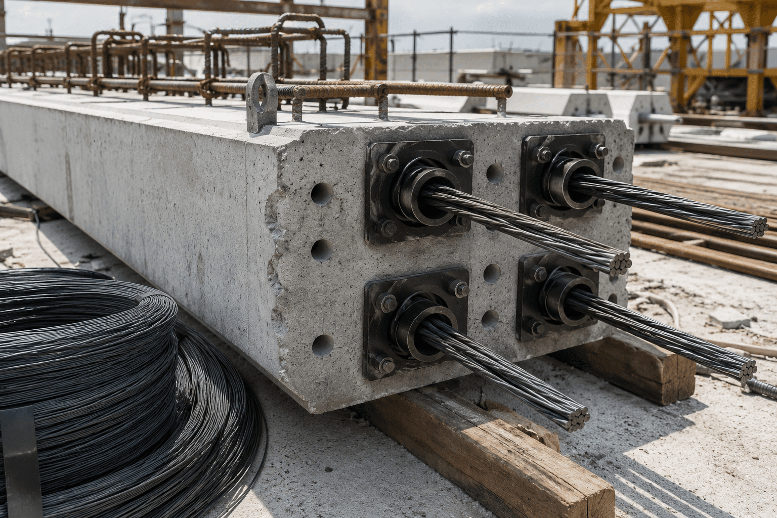 Prestressed concrete beam with steel tendons on a construction site