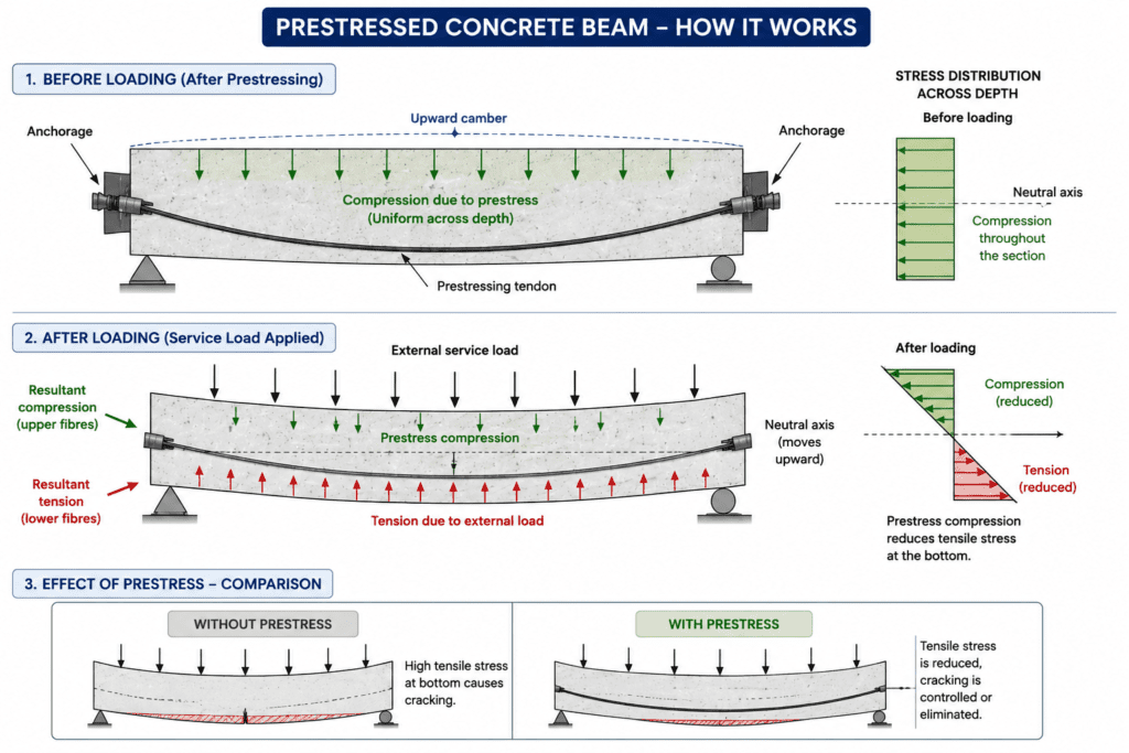 Diagram showing how steel tendons are used in prestressed concrete to increase compression