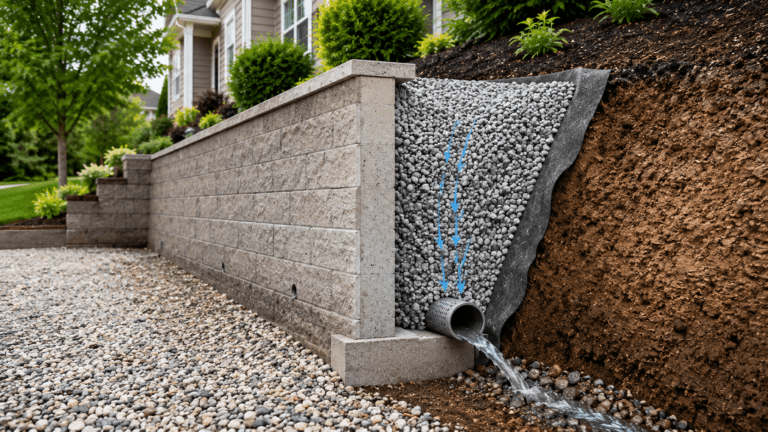 Retaining wall drainage system showing crushed stone backfill, filter fabric, perforated pipe near the base, and water draining away from the wall.