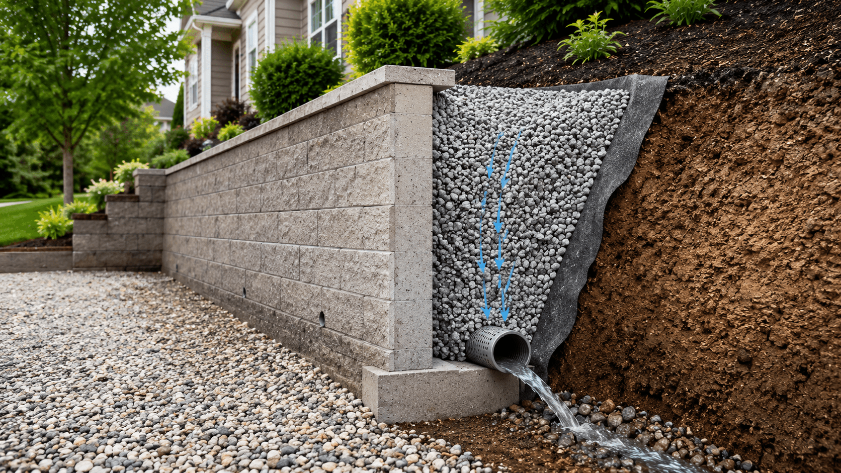 Retaining wall drainage system showing crushed stone backfill, filter fabric, perforated pipe near the base, and water draining away from the wall.