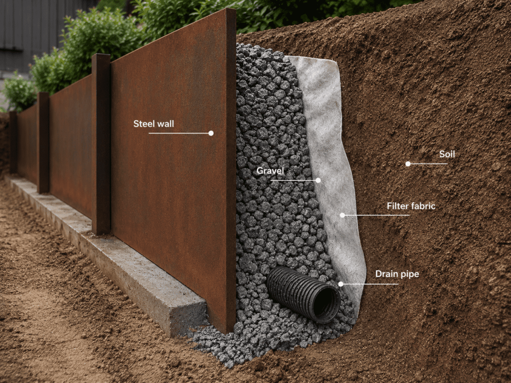 Gravel drainage layer and perforated pipe behind a corten steel retaining wall