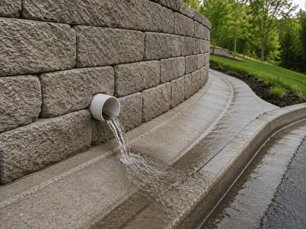 Retaining wall drain pipe discharging water to daylight along a sloped paved channel away from the wall.
