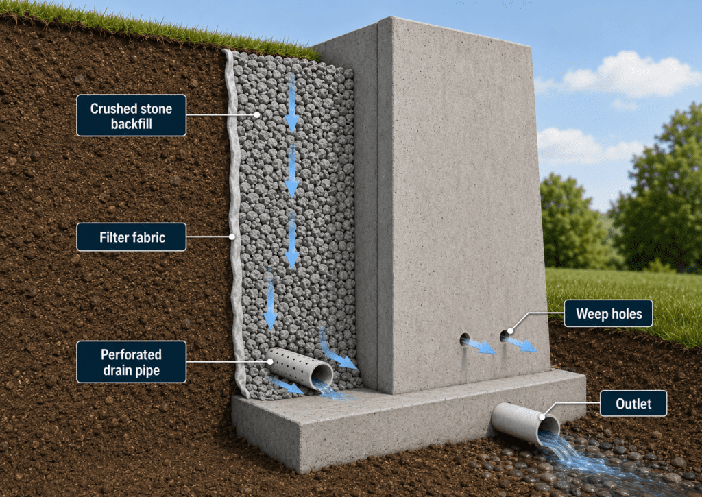 Retaining wall drainage system diagram showing crushed stone backfill, filter fabric, perforated drain pipe, outlet, and weep holes behind a concrete wall.