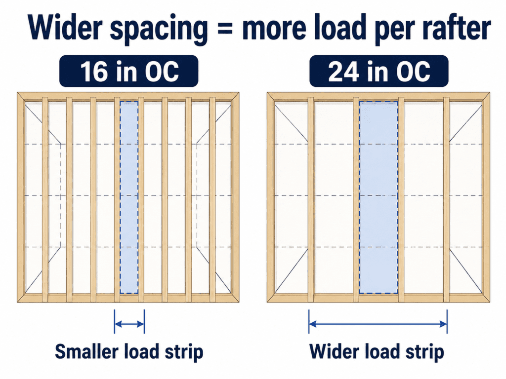 Comparison diagram showing 16 inch and 24 inch rafter spacing with smaller and wider tributary load strips per rafter